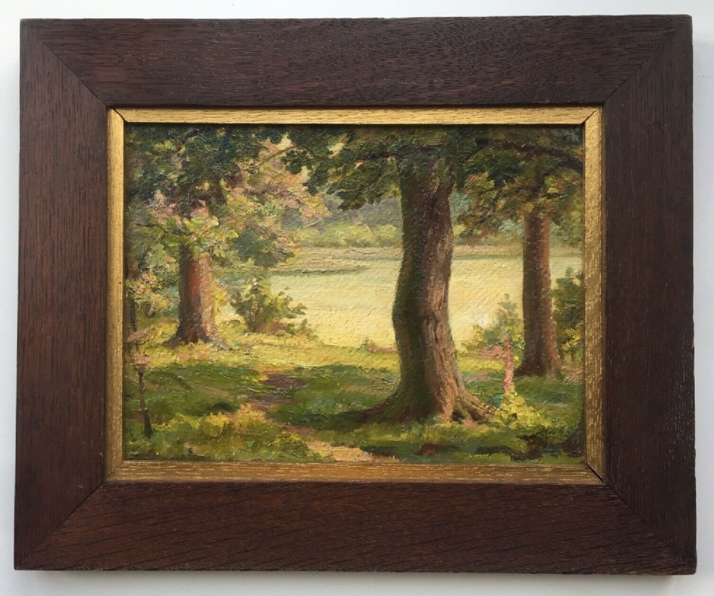 Hubert Lindsay Wellington Initialled Original English 20th Century Oil Painting on Board Trees Lakeside Landscape