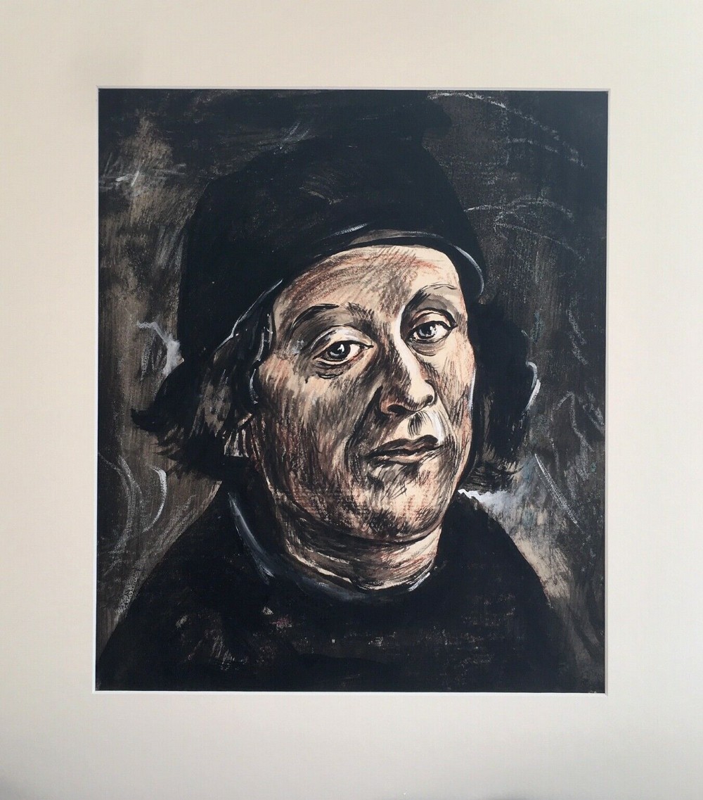 Rowland Suddaby 1912-72 Mid 20th Century Portrait of a Renaissance Bishop Original Watercolour & Pastel Mixed Media Painting
