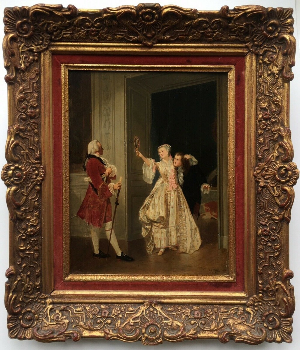 Charles Désiré Hue Original Signed 19th Century Antique Oil Painting on Wooden Panel French Courting Couple in Decorative Frame