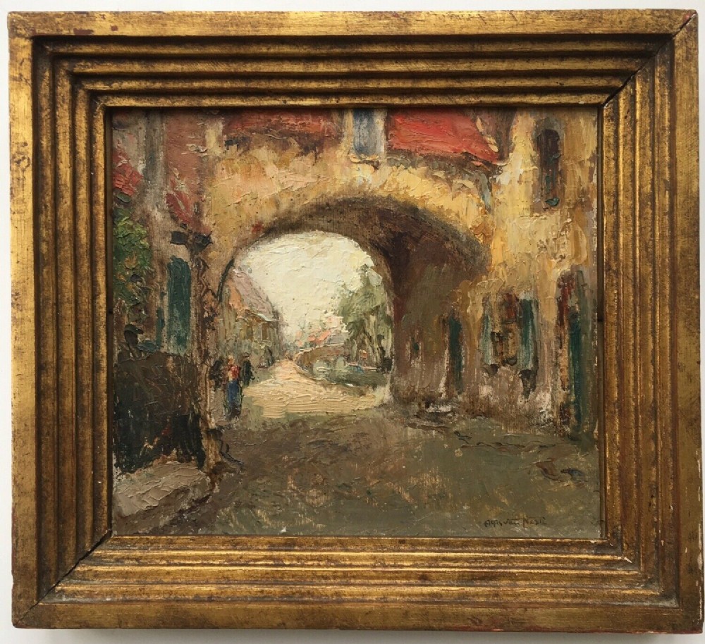 Alfred J A Van Neste 1874-1969 Signed Original Vintage Oil Painting on Board Belgium Street Scene