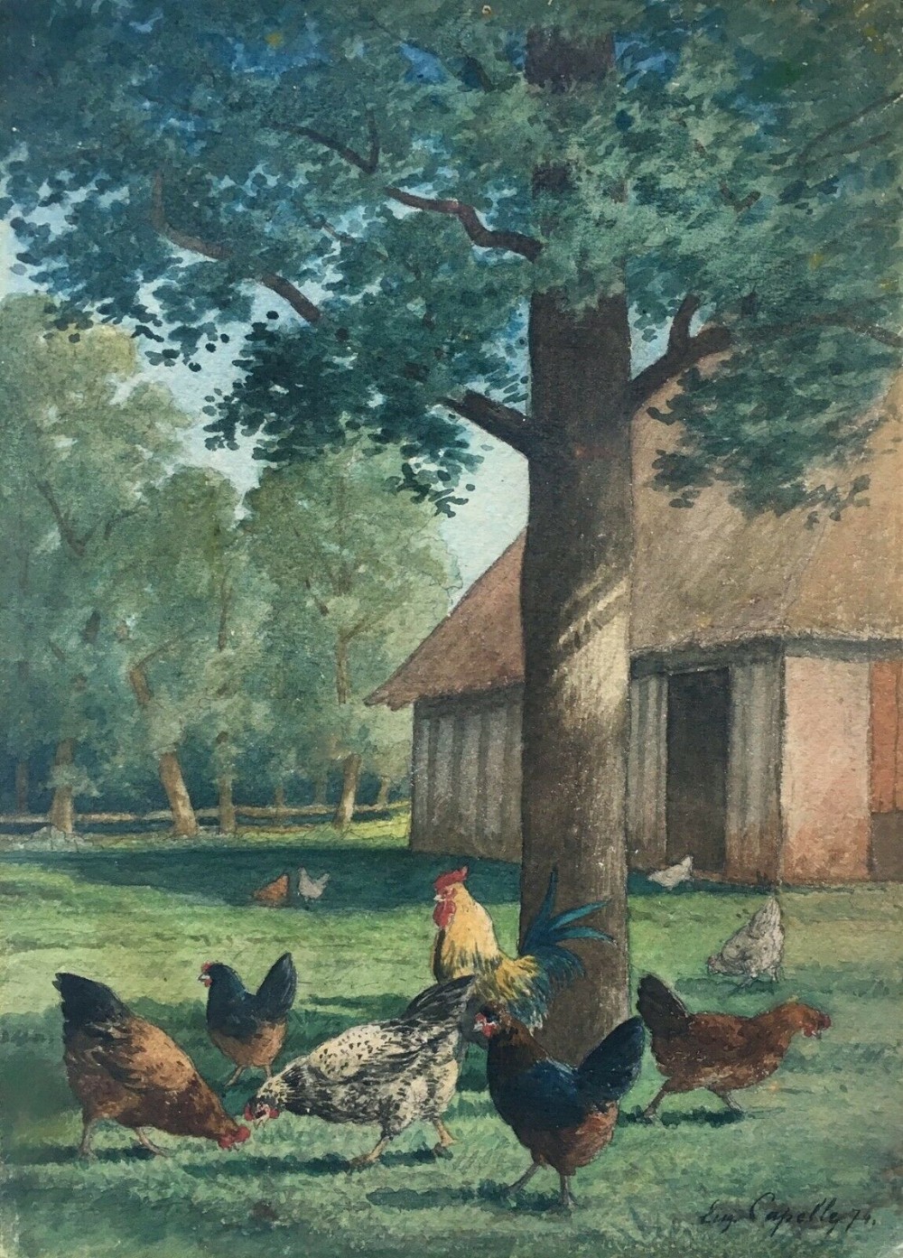 Alfred Eugene Capelle Dated 1874 Signed Original Antique Watercolour Painting Hens & Barn Farm Lamdscape