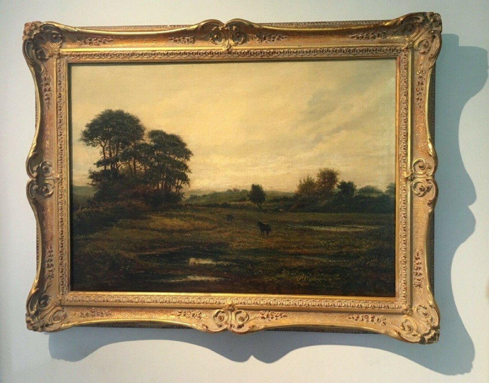 Signed Indistinctly Original Antique English Oil Painting on Canvas Cattle & Horses Pastoral Landscape
