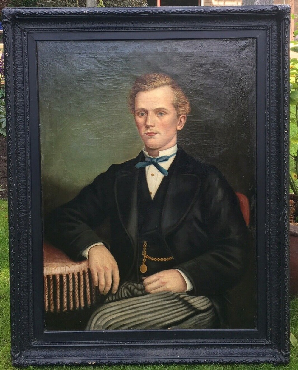 Large Vintage English School Oil Painting Seated Gentleman Solid Wooden Frame