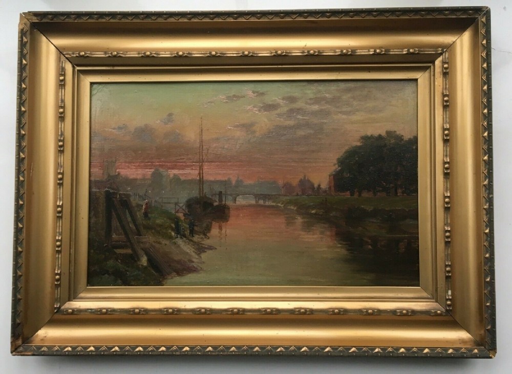 Antique Original Oil Painting on Panel River Bridge Landscape with Boats