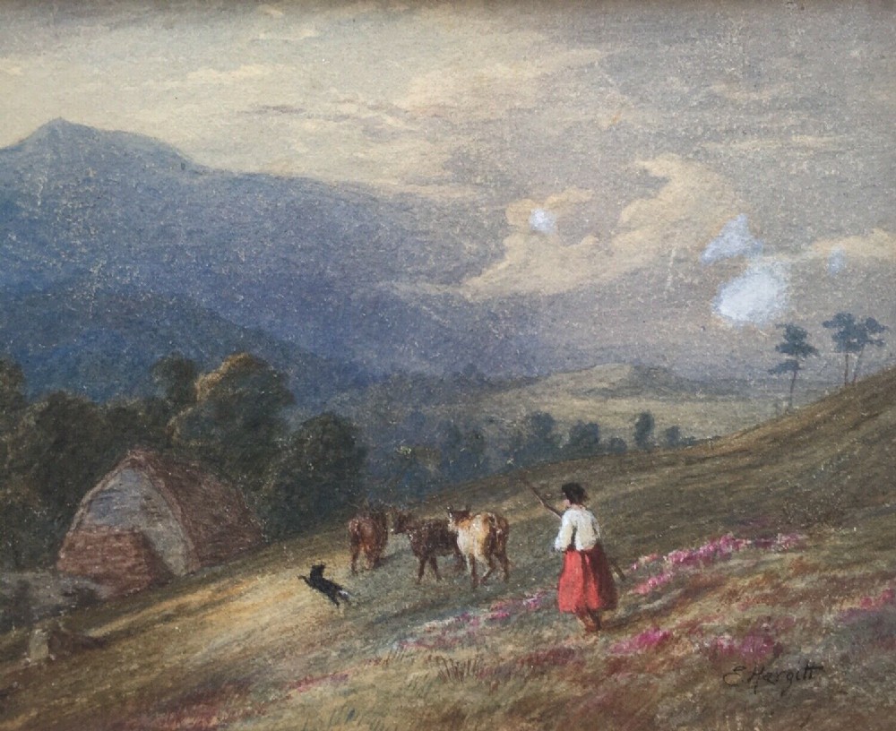 Edward Hargitt Signed Original 19th Century Antique Scottish Watercolour Painting Herding Cattle Upland Scene