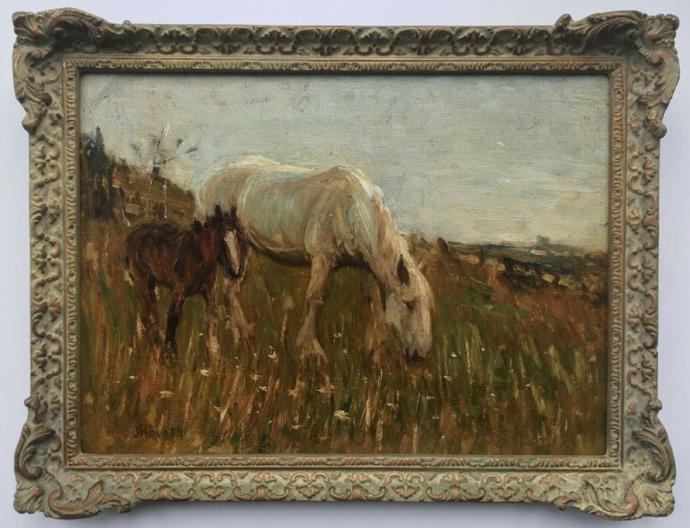JAMES WILLIAM BOOTH (Staithes Group) English Antique Horse & Foal Study Original Oil Painting 