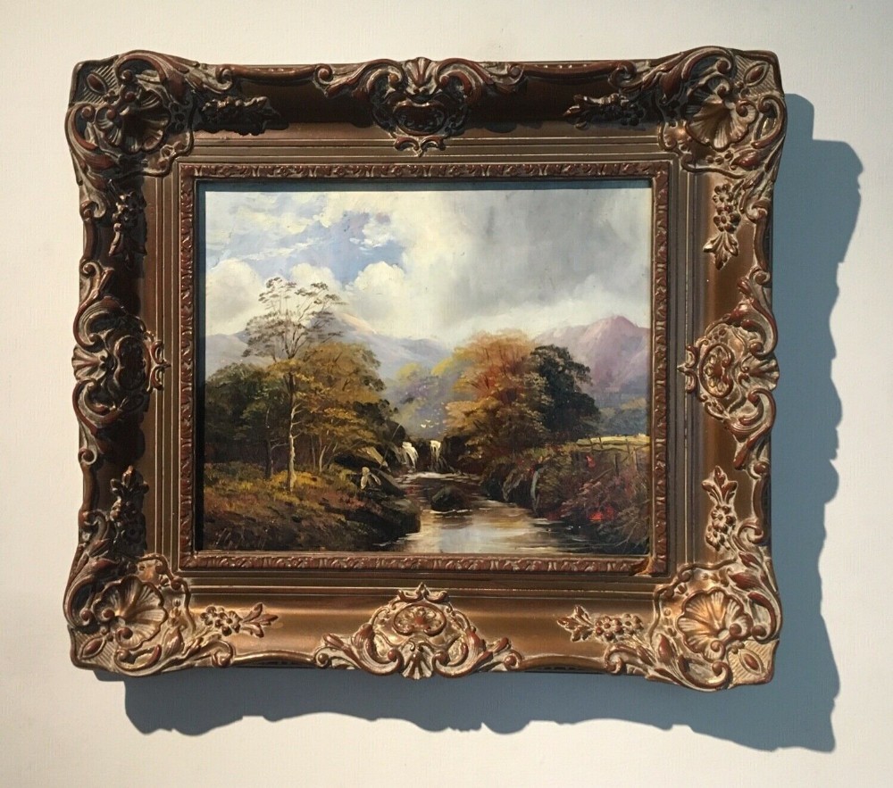 Scottish School Signed Original Antique Oil Painting on Wood Panel Fisherman by River Highlands Landscape