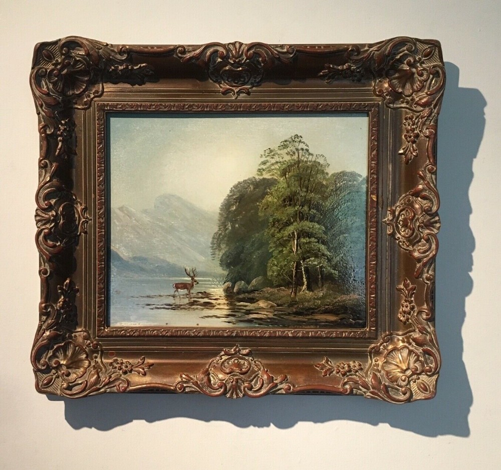 Scottish School Original Antique Oil Painting on Board Highland Landscape View with Stag & Loch