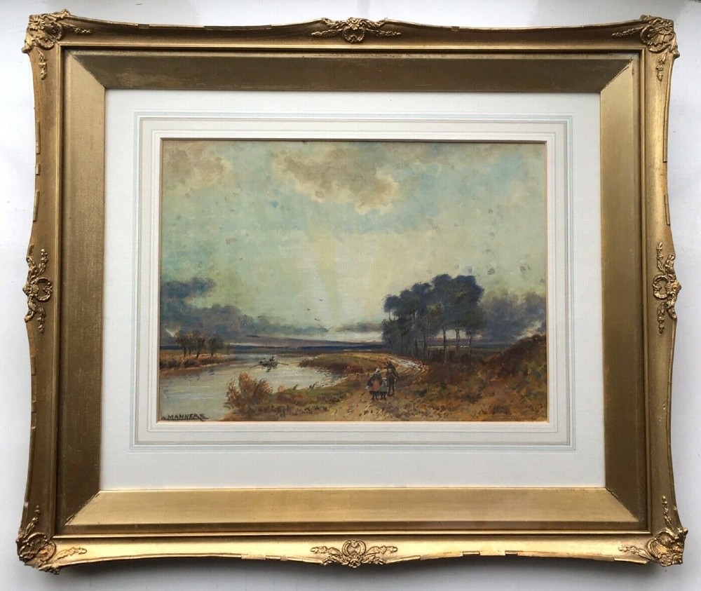 William Manners Signed Original English Antique Watercolour Painting Sundown River Landscape