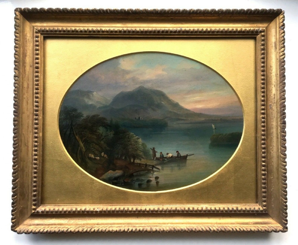 Original 19th Century Antique Oil Painting on Board Mountain & Lake Landscape