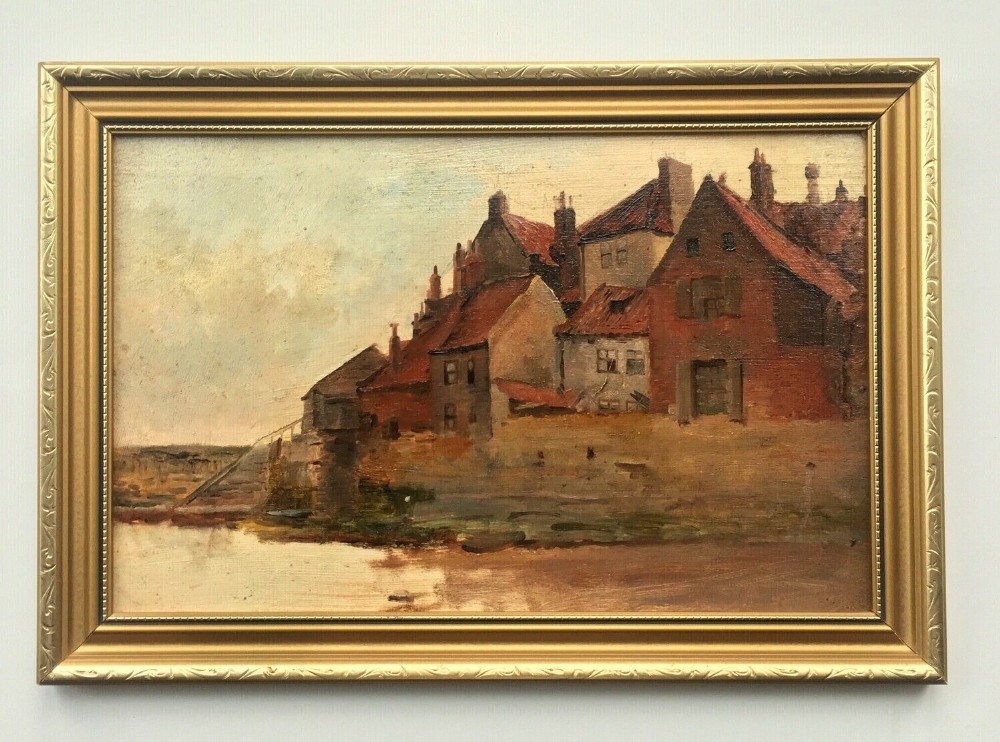 Original Antique Oil Painting on Board View of Tate Hill Pier Whitby, North Yorkshire Coast Seascape