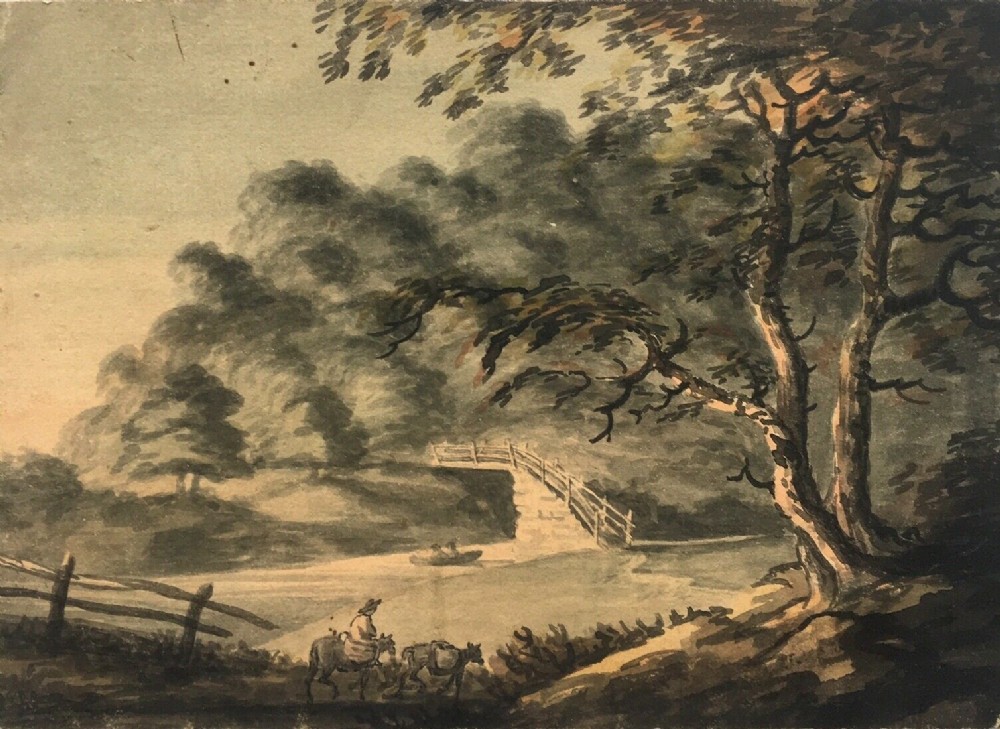 Original Antique Grisaille Watercolour Painting River Landscape Bridge near Trenant Park Cornwall England