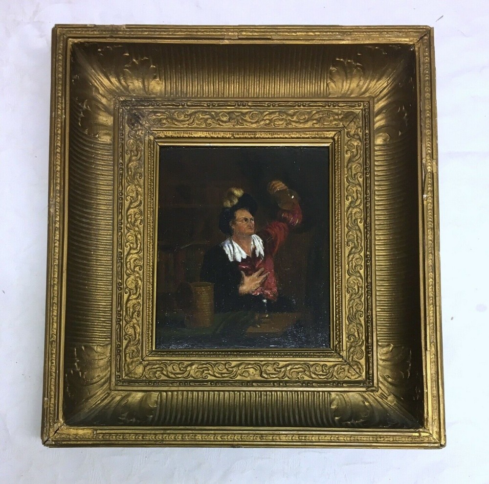 Dutch School Original Antique Frame & Oil Painting on Wooden Panel Portrait of Man with a Flask Apothecary Alchemist