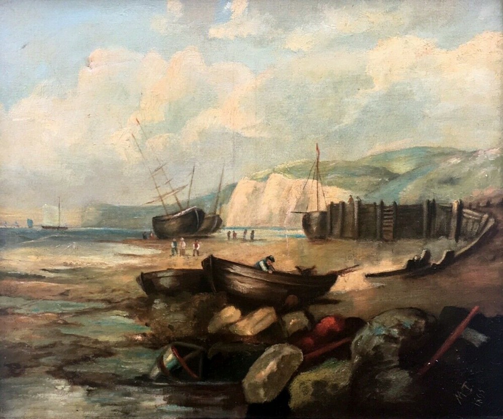 Signed M T Dated 1895 Original Antique Oil Painting on Continental Canvas Stretcher Coastal Seascape with Fishing Boats