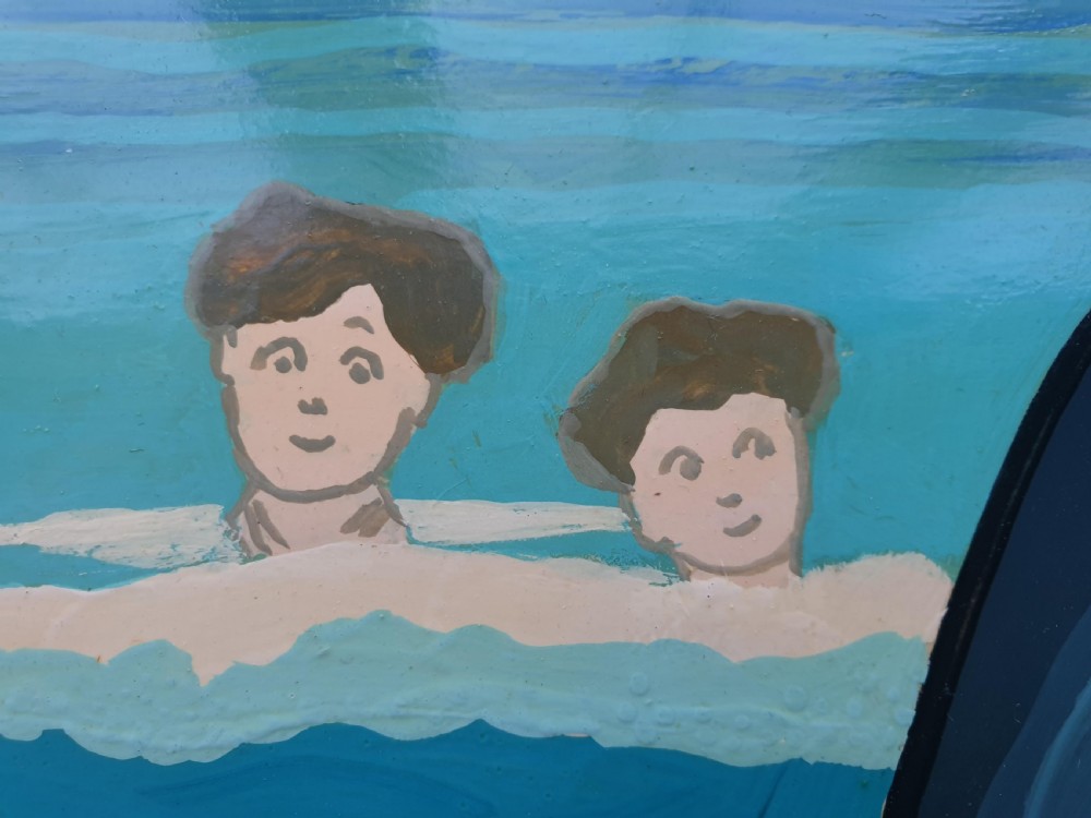Molly Moss Signed Original Mid 20th Century Pop Art Oil Painting on Board Seaside Girls Titled 