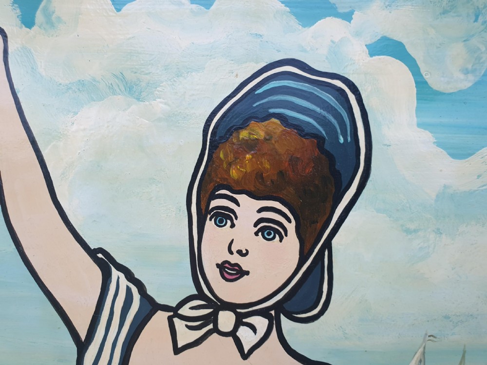 Molly Moss Signed Original Mid 20th Century Pop Art Oil Painting on Board Seaside Girls Titled 
