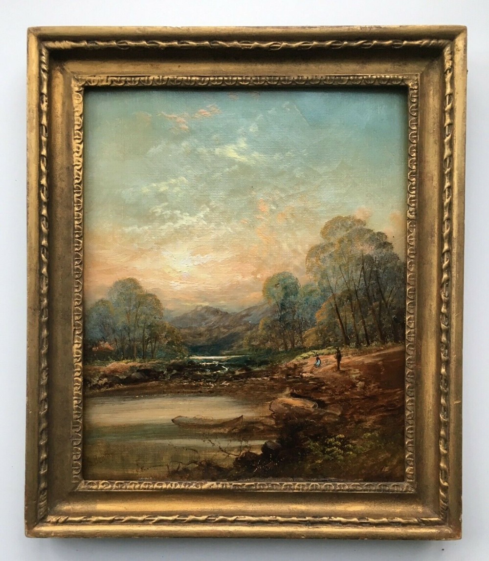 S Bentley Signed Original Antique Oil Painting Fishing River Landscape & Figures