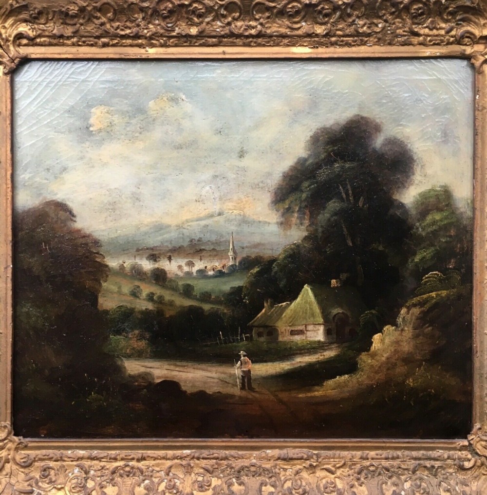 Original 19th Century Antique Oil Painting Landscape Figure, Cottage & Mountains