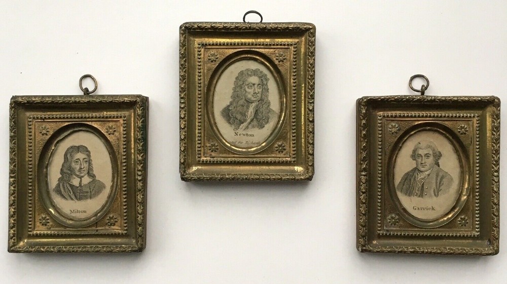 3 x RARE Miniature Antique 1805 Framed Etching Engravings Newton, Milton & Garrick