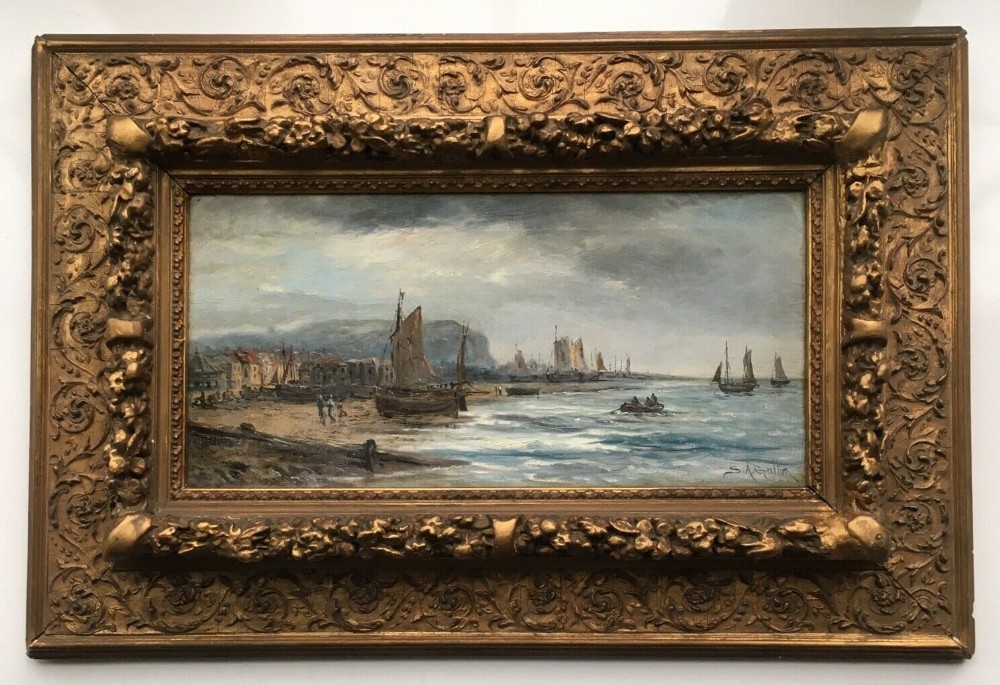 S A Galton Signed 19th Century Original Antique Oil Painting on Canvas Hastings Shipping Seascape in Decorative Gilt Frame