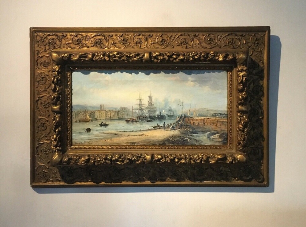 S A Galton Signed 19th Century Original Antique Oil Painting Falmouth Shipping Seascape in Decorative Gilt Frame