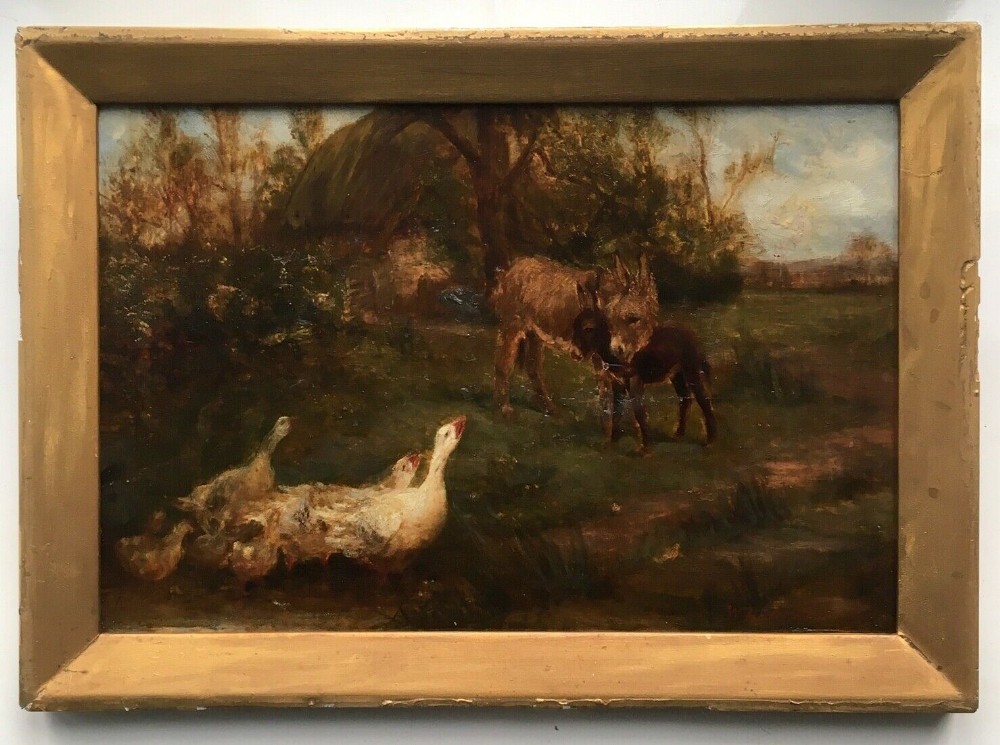 WILLIAM HENDERSON OF WHITBY Original 19th Century Antique Oil Painting on Board Geese & Donkeys Landscape