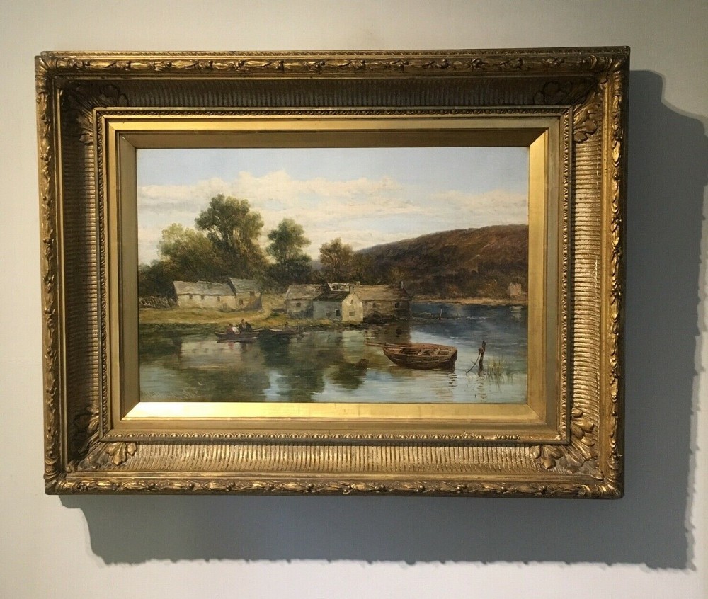 JOHN HOLLAND Senior Signed Original Antique English Oil Painting on Canvas Figures Boating Near a Mill in Large Decorative Frame
