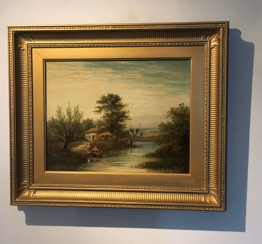 Original 19th Century Oil Painting on Canvas English River Pastoral Landscape