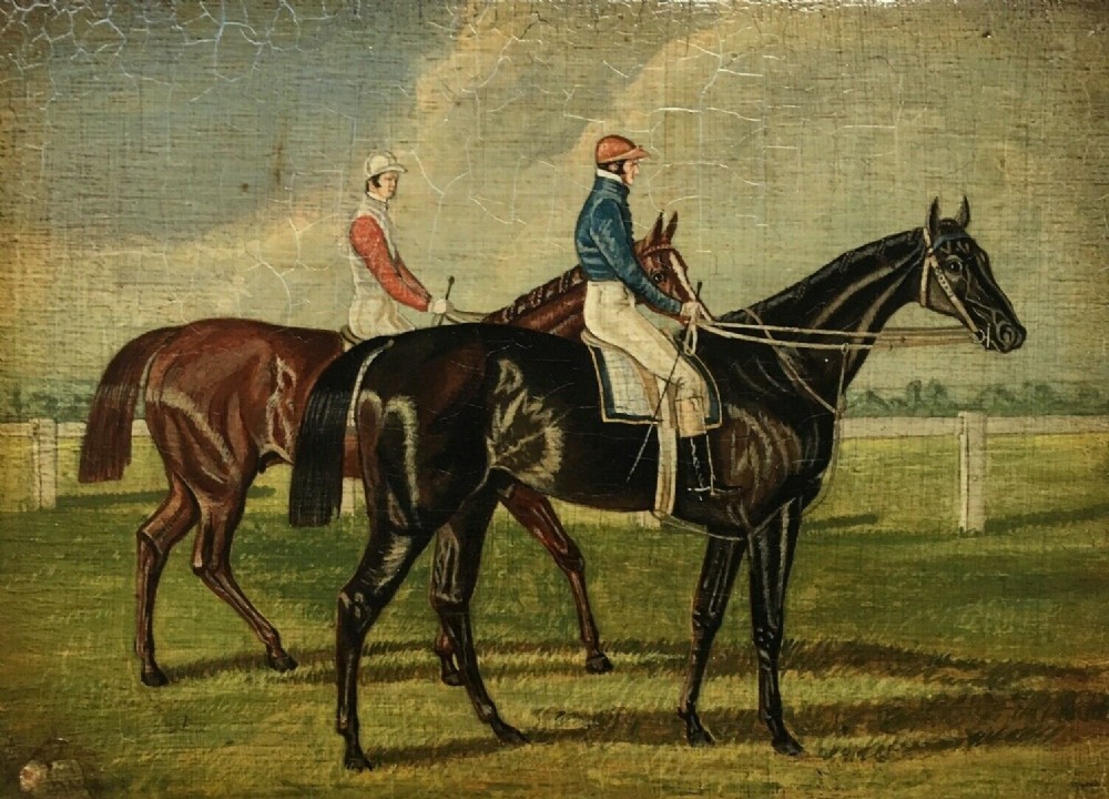 British School Naive Oil Painting on Wooden Panel Jockeys on Race Horses