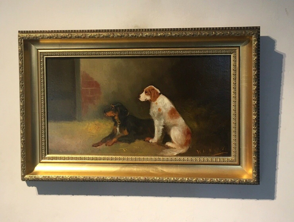 W H (William Howard) Hardy Signed Hunting Study Gun Dogs in Barn Original Antique English Oil Painting on Board