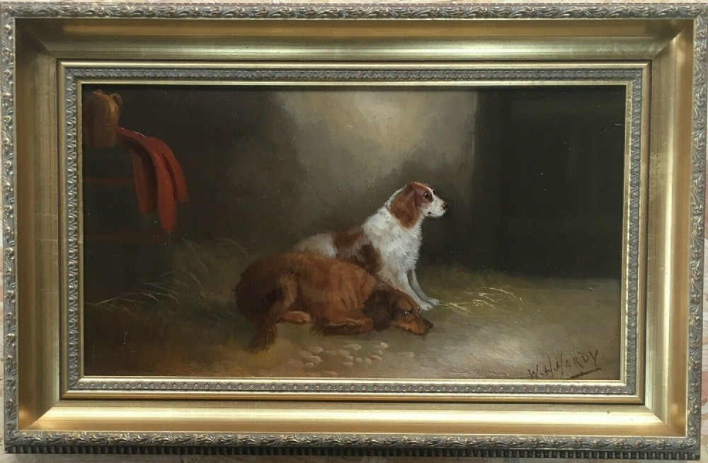 William Howard Hardy Hunting Gun Dogs Spaniels in a Barn Signed Original Antique Oil Painting on Board
