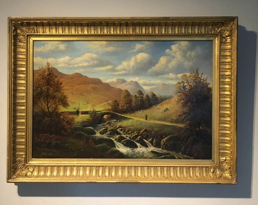 Signed Antique English Oil Painting in Wooden Gilt Frame Figures & Sheep in 