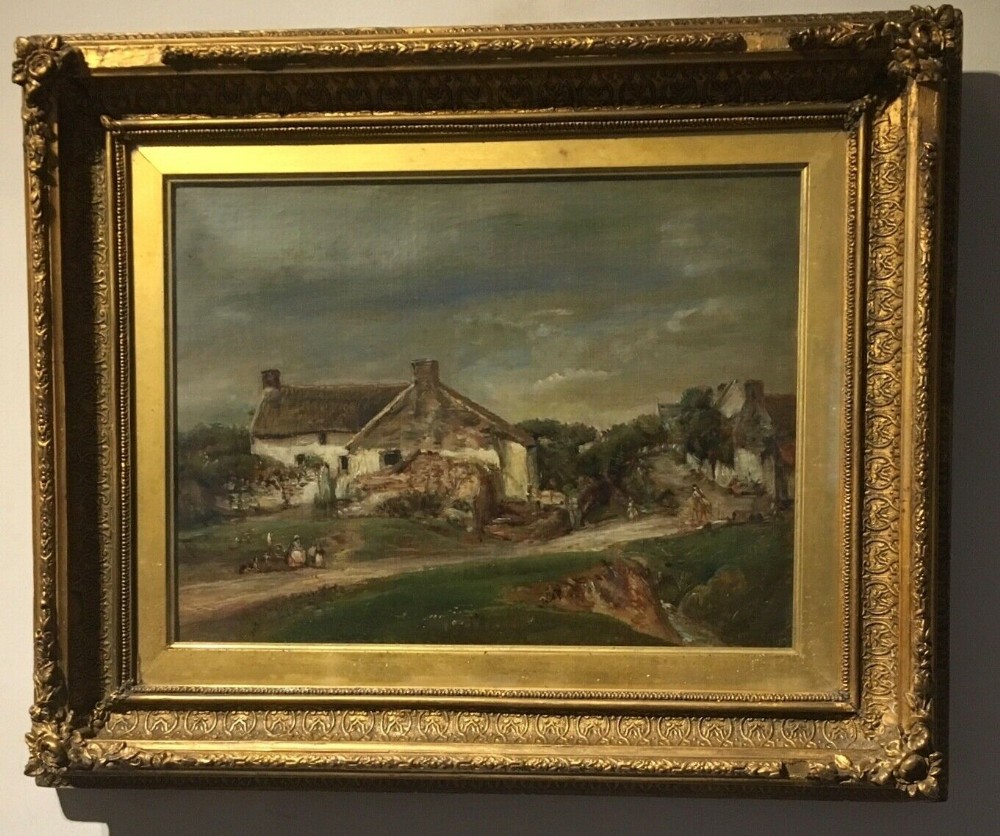 English School Original Oil Painting Landscape Hamlet & Country Woman by a Road