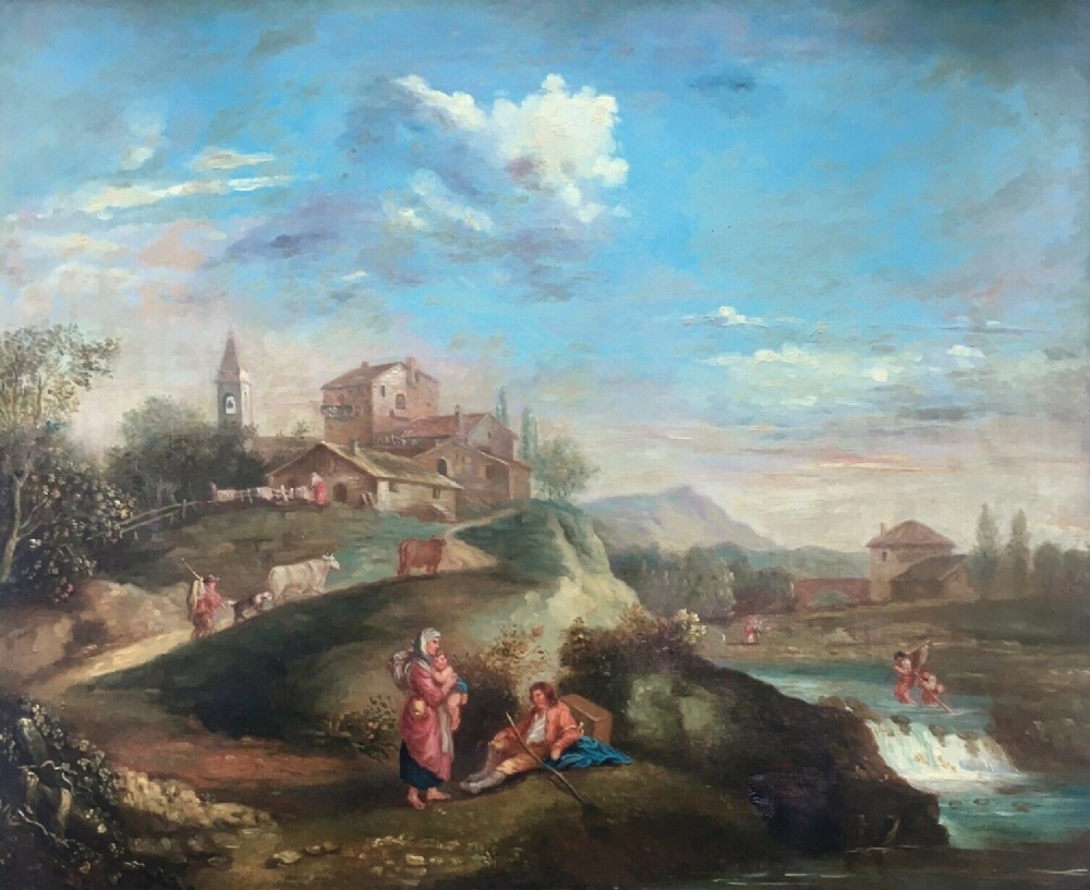 Original Antique Framed Oil Painting Classical Italian Landscape Figures Resting
