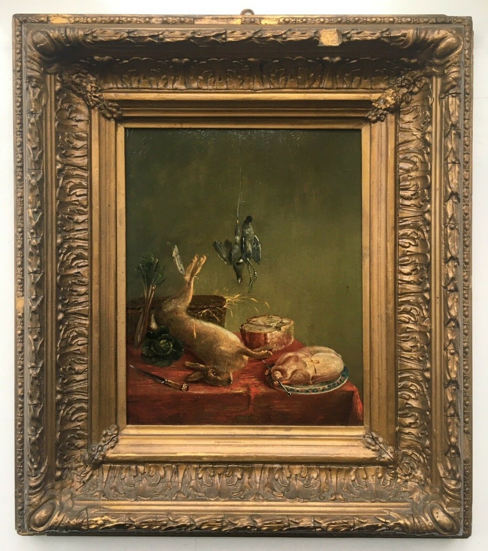 ENGLISH SCHOOL Original 19th Century Antique Oil Painting on Oak Panel Still Life of Game in Gilt Frame