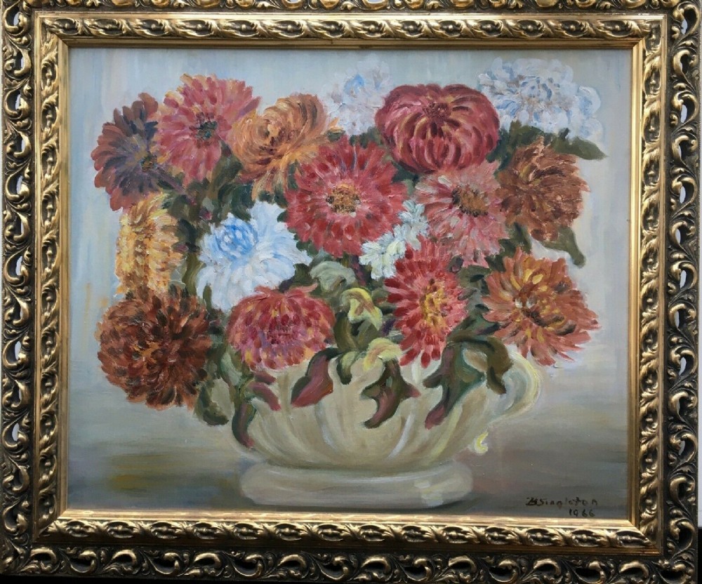 Signed B Singleton 1966 Original 20th Century Framed Oil Painting Dahlia Flowers in an Urn Still Life Study