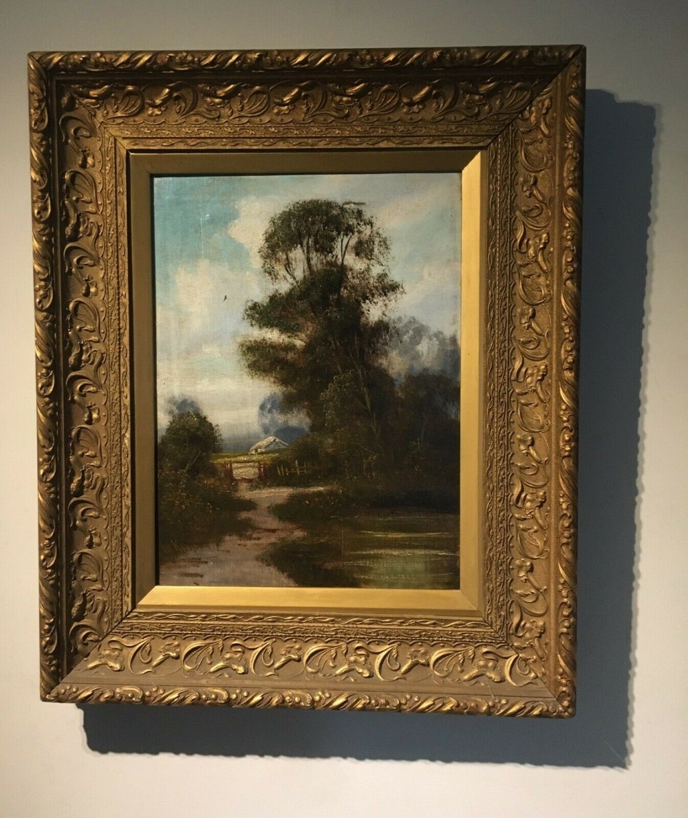 Signed Original Framed Antique Oil on Canvas Painting Woodland Landscape
