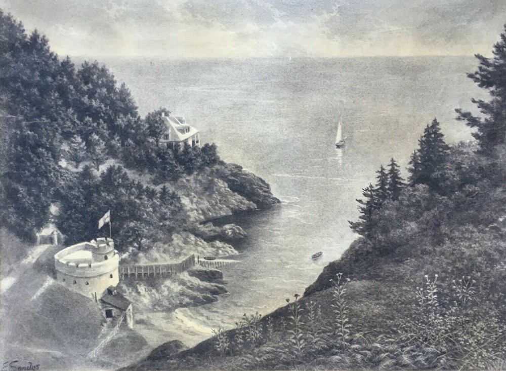 E SANDYS 1913 Antique Original Charcoal Drawing Mills Bay Cove Kingswear Devon