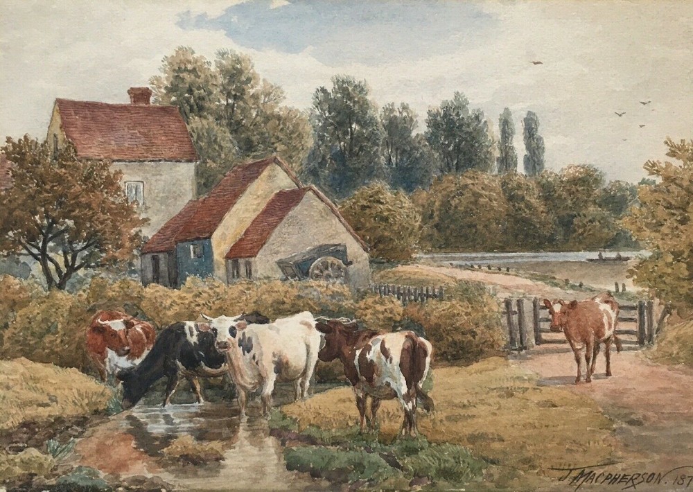 John Macpherson Original Signed Antique Watercolour Painting Cattle Landscape