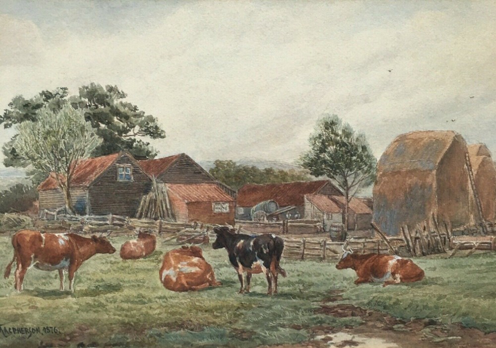 John Macpherson 1876 Signed 19th Century Watercolour Painting Cattle Landscape