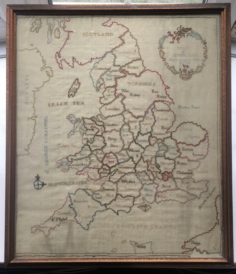 18th Century Antique TAPESTRY NEEDLEPOINT EMBROIDERY of Britain by Sophie Brown Dated 1788