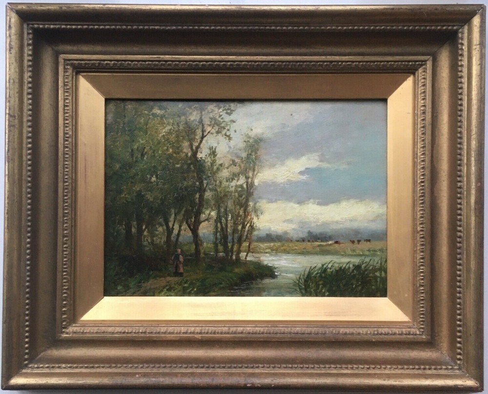 Original Antique English School Oil Painting Figure River Cattle Landscape