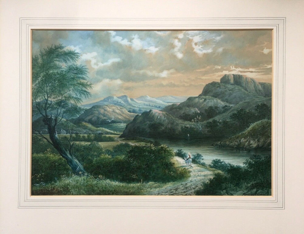 Signed Sutton Palmer Antique Cumberland Landscape Painting Travelling Figure 