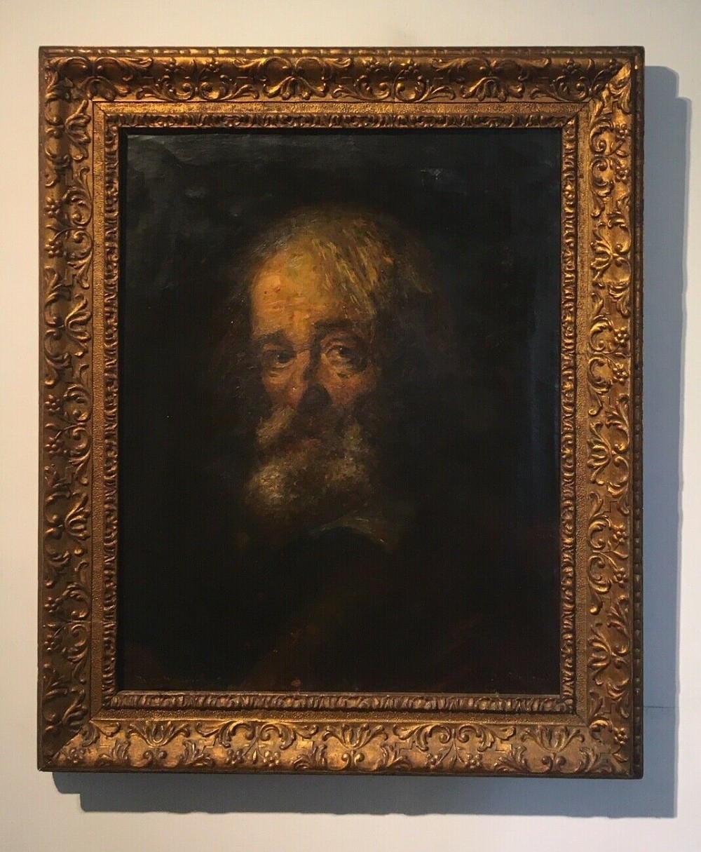 Bolognese School Antique Oil Painting on Canvas Portrait of a Bearded Man Signed Da Rembrandt