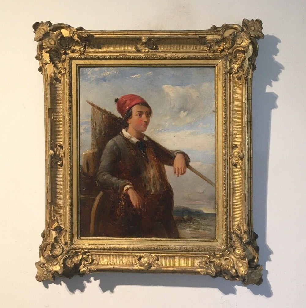 ENGLISH SCHOOL Original Antique Oil Painting on Mahogany Panel of a Fisherman