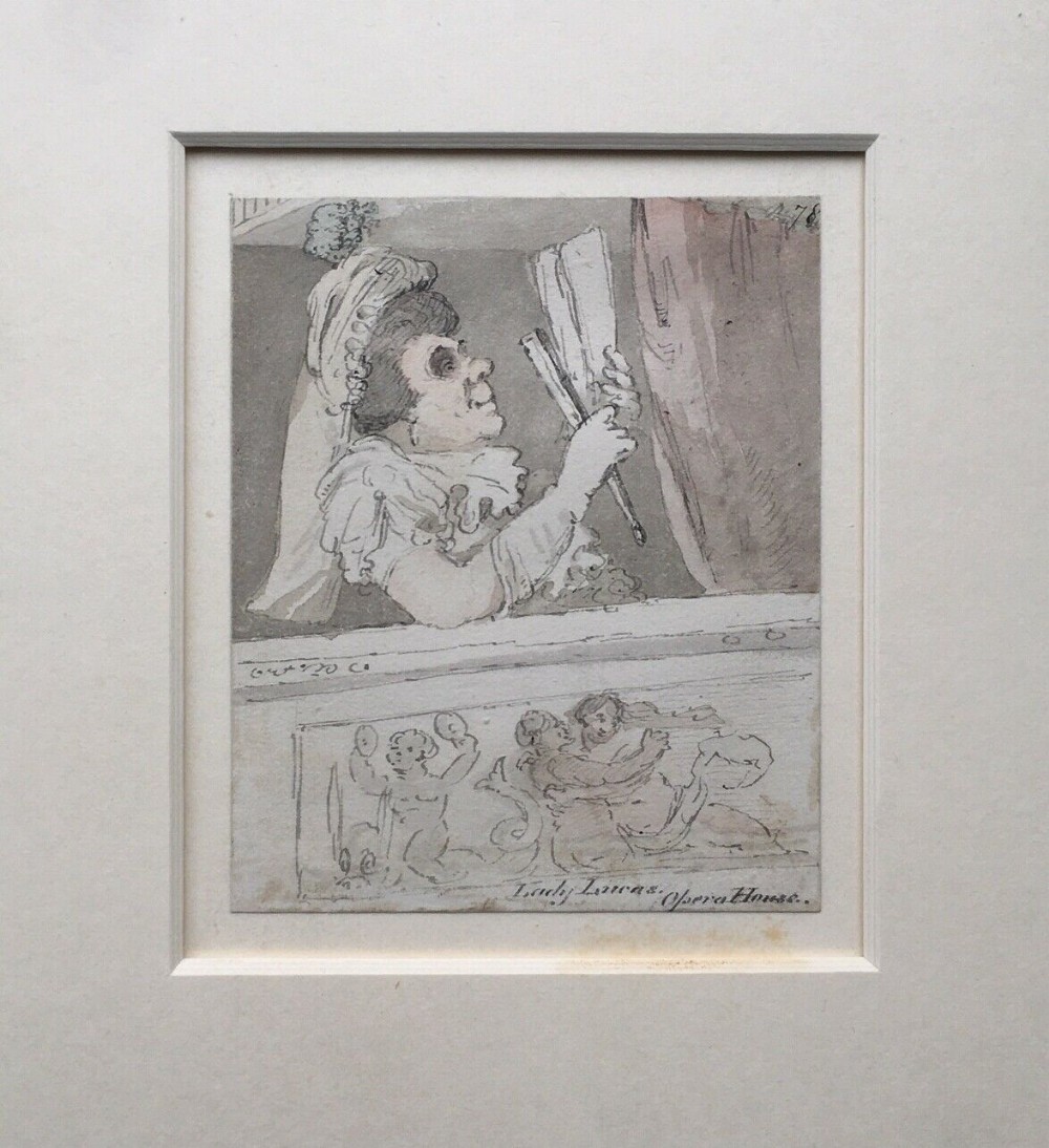 John Nixon Original English 18th Century Antique Watercolour Painting Caricature Study Lady Lucas at the Opera House