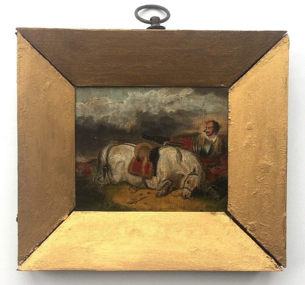 Signed with Initials Original Antique Miniature Oil Painting Cavalier & Horse in Battle