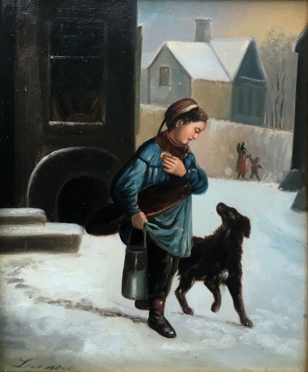 Signed Antique Dutch School Oil Painting Peasant Maiden Girl with Dog Landscape