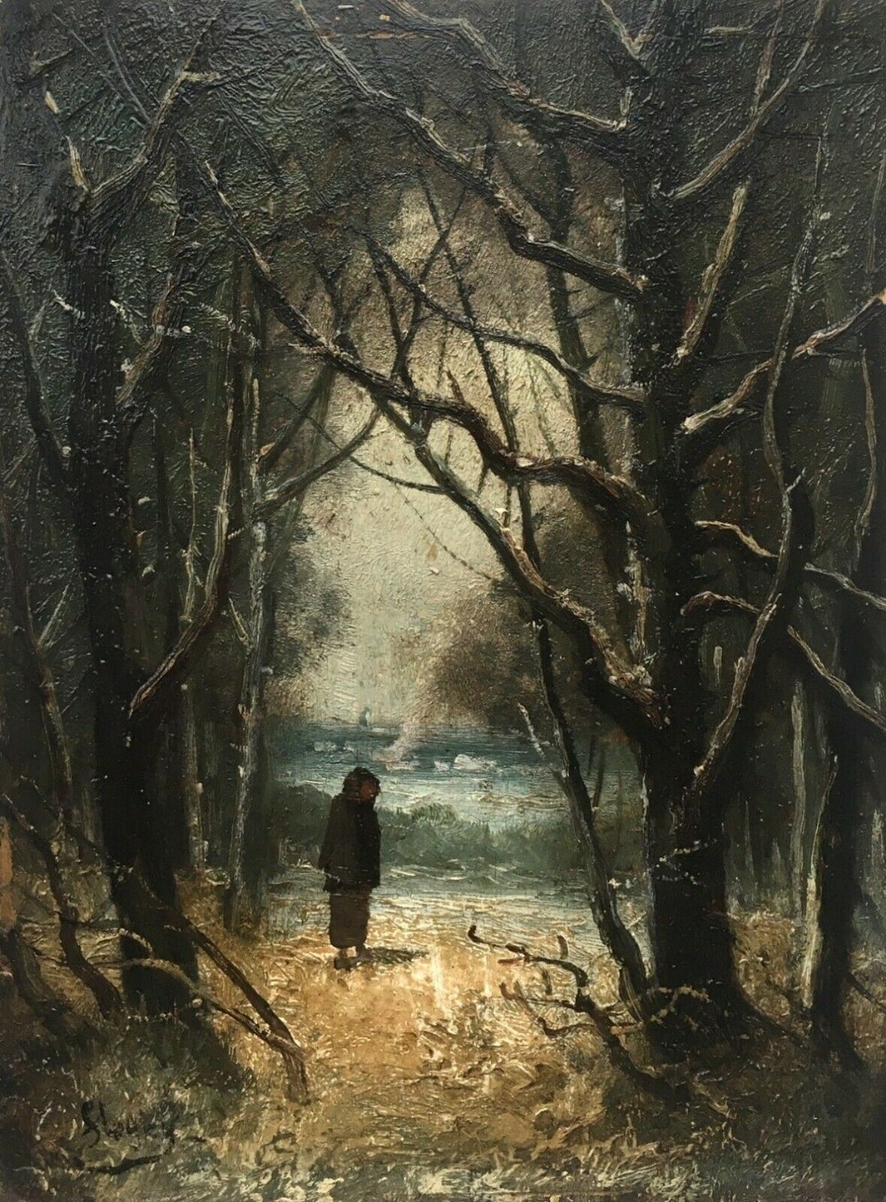 Signed Original Antique Oil Painting on Wood Panel Woodland & Figure Landscape