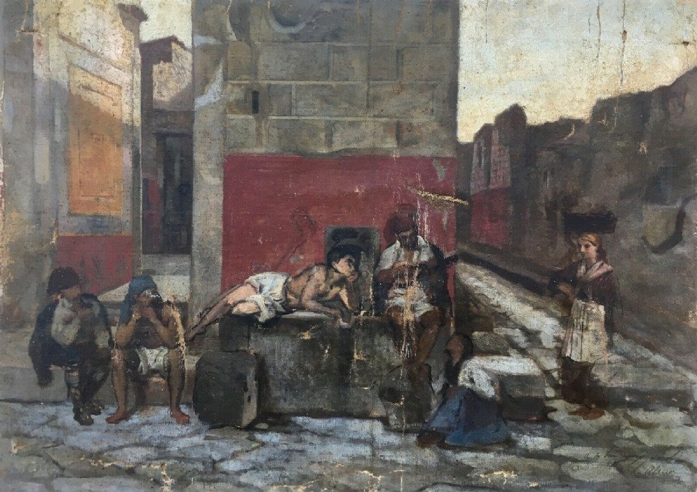 L Alvarez Original Signed SPANISH SCHOOL Antique Oil Painting Figures in Street Scene Framed Canvas